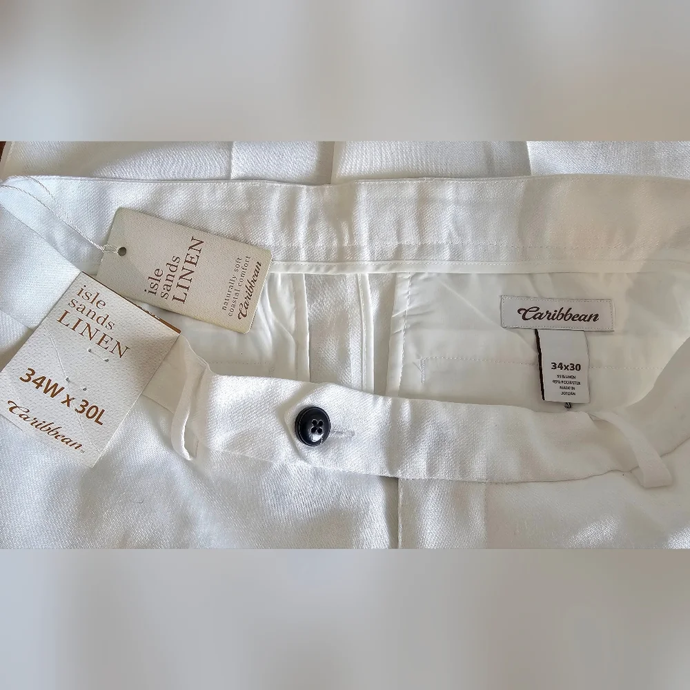 NWT Caribbean Men's White Linen Dress Pants - Vacation! 34W×30L 36W×34L